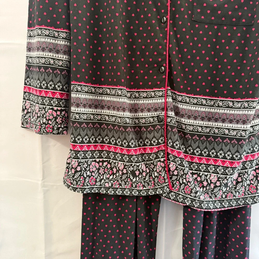 BT Loungewear Pajama Set Black Pink Heart Print Boho Border Long Sleeve Pants L